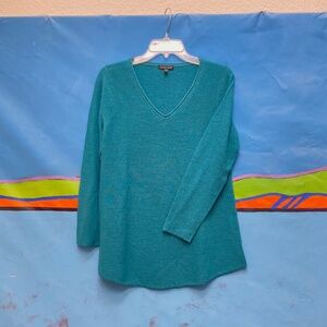 EILEEN FISHER teal v-neck fine marino wool sweater, size small